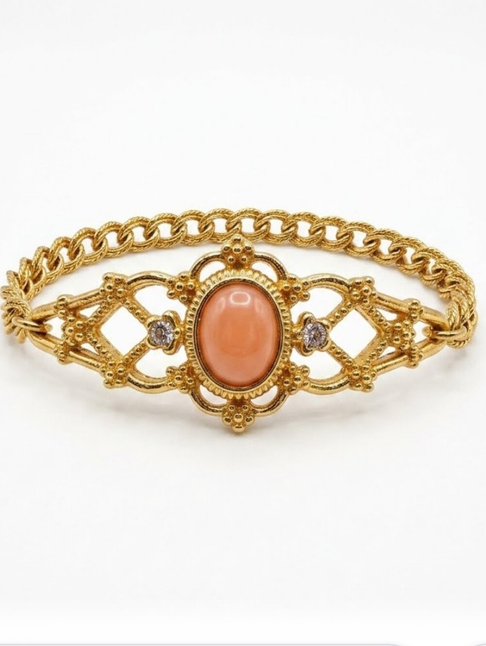 Vtg 70's Avon Gold Tone Filigree Bracelet with Rose Quartz Cabochon